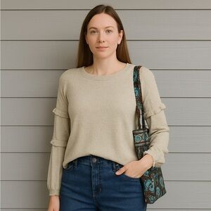 NEW IN Pale Sage Green Ruffle Sleeve Cozy Soft Cropped Sweater Cottagecore L